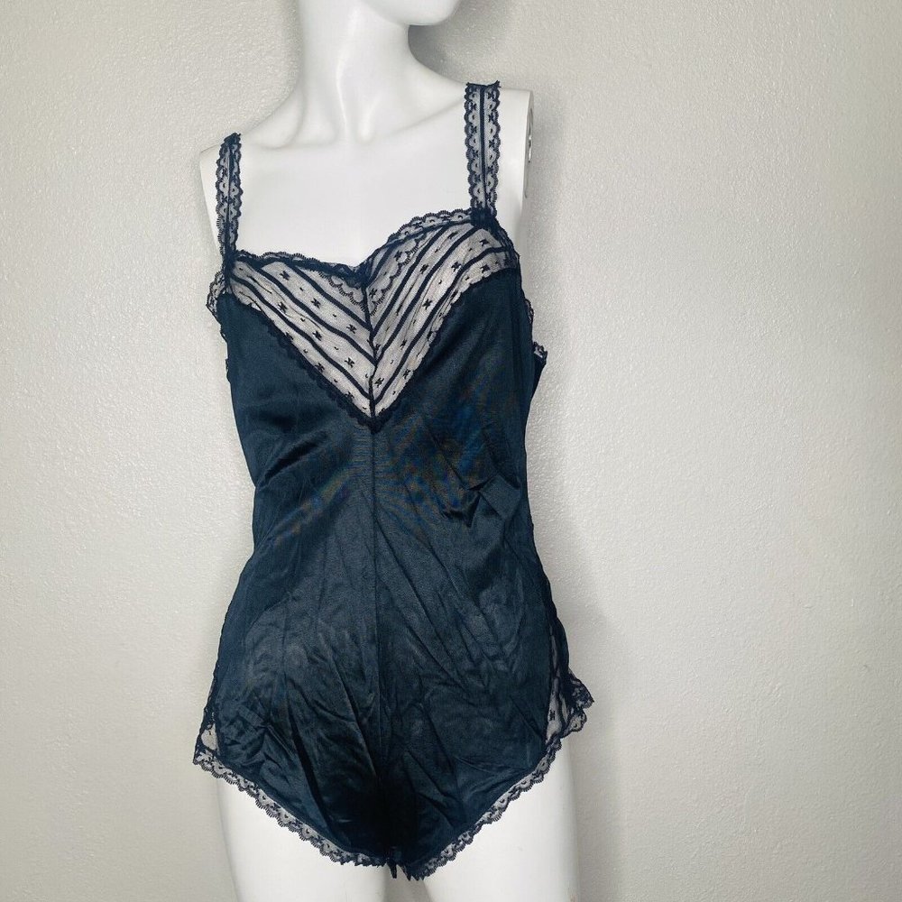 Formfit Womens  36 14 - 16 Romper Lingerie Black Lace Sheer V neck Vtg Bodysuit
